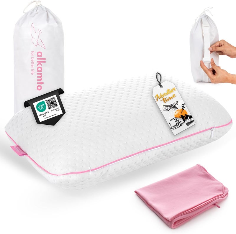 alkamto Travel & Camping Comfortable Memory Foam Pillow – Easy to Carry Portable Bag – Temperature Regulating Pillow Case (Pink + Extra Cover) - Image 1